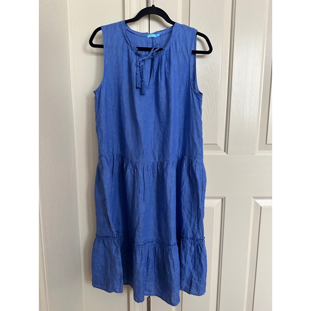 J.McLaughlin‎ Blue 100% Linen Sleeveless Tiered Tassel Tie Neck Midi Dress L - Picture 2 of 8